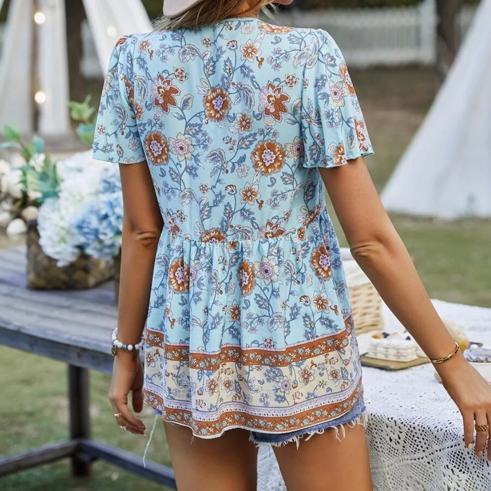 Boho Floral Print Cottagecore Tie Neck Blouse - Picture 3 of 8